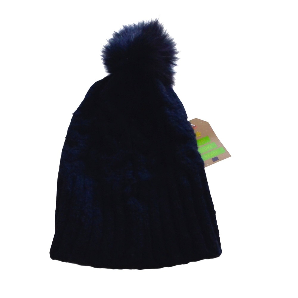 Forever 21 Navy Blue Cable Knit Beanie Hat with Faux Fur Pom Pom NWT